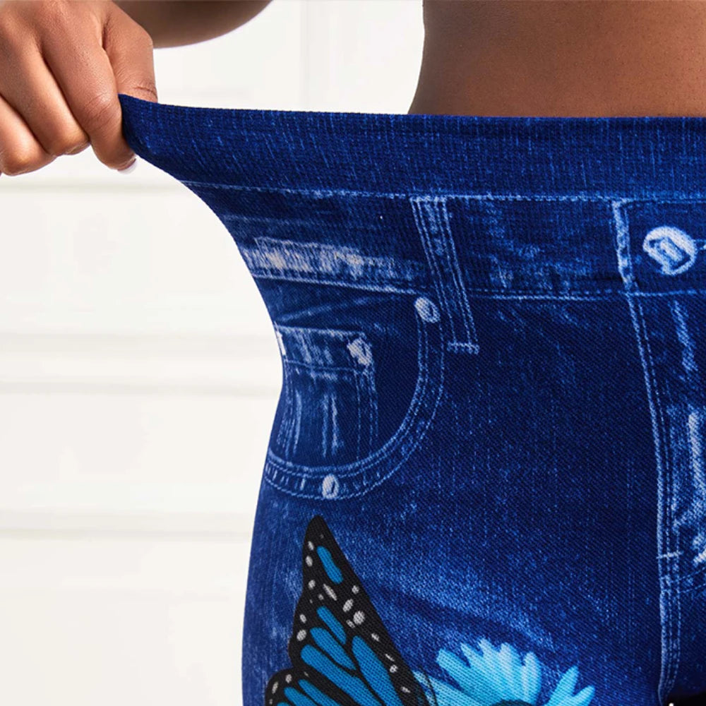 Plus Size Oversized Women High Waist Stretchy Legging Denim Look Skinny Leggings Ladies Fashion Print Pencil Pants Clothing