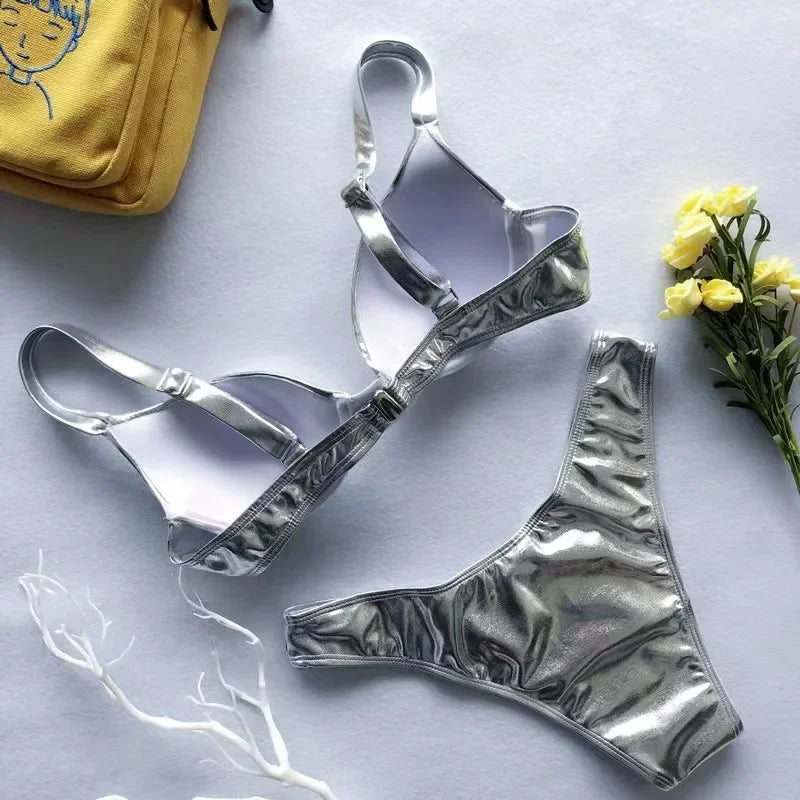 sexy metallic push up micro bikinis sets padded bra bathing suit beach wear women sexy thong bikini reflective shinny swimsuits