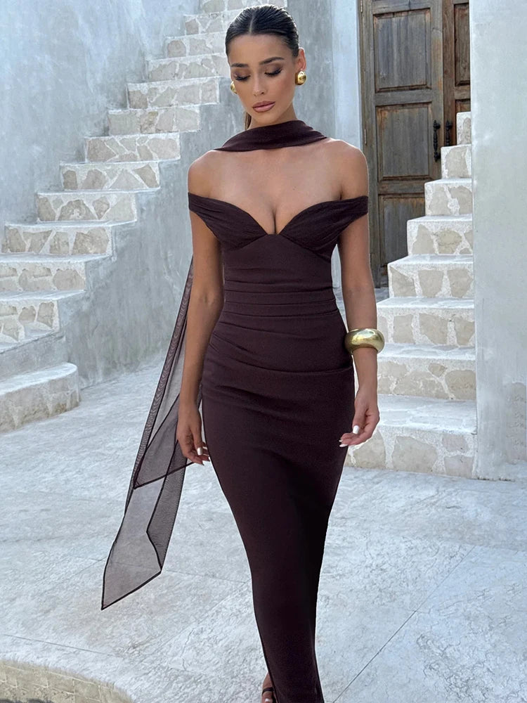UK Size Black/Brown/Pink Color Scarf Collar Off-Shoulder Sexy Maxi Dress Women Gown Fashion With Sleeve Strapless Backless Club Party Long Dresses