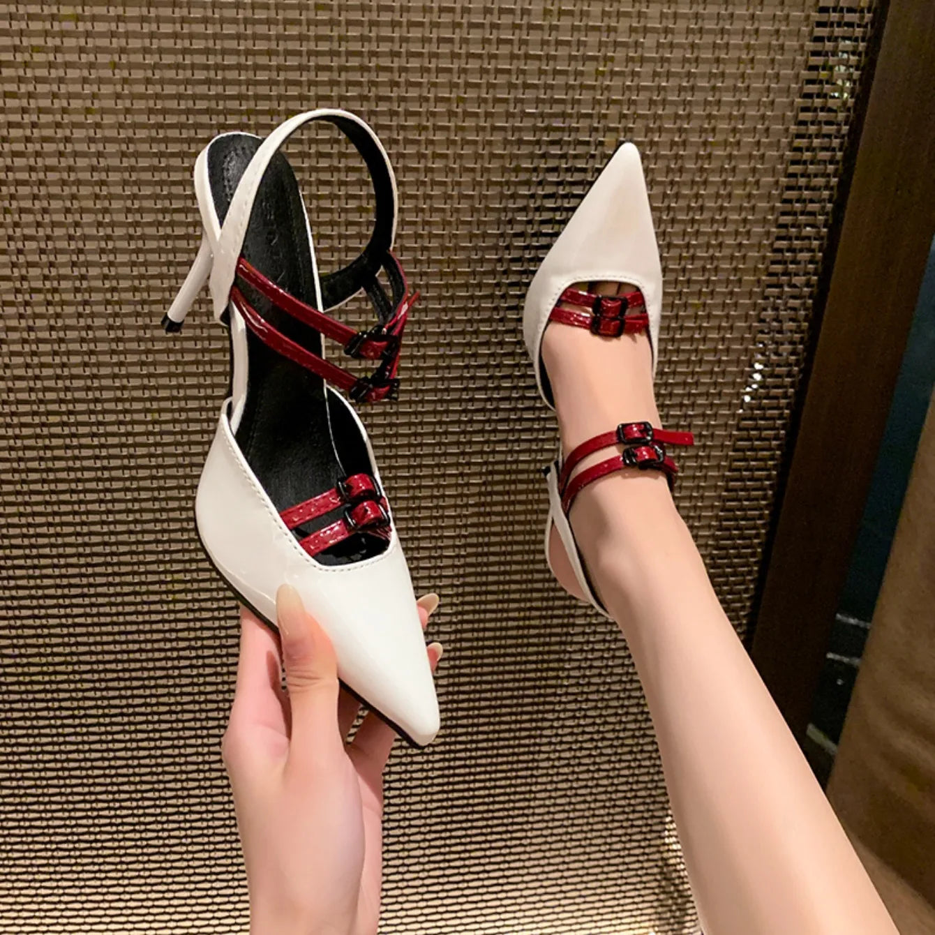 Just Arrived Black/White Color New Solid Color Double Buckle Design Baotou Sandals Women's Spring and Summer Fashion Slingback Temperament Stiletto Shoes