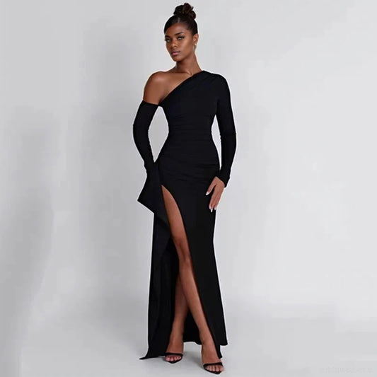 Italian Style Sexy Diagonal Shoulder Black Dress Elegant Long Sleeve Split Women Dress Spring Evening Party Night Clubwear Business Dinner Outfits Long Dress Girls Ladies Luxury Fashion Clothing Supplies