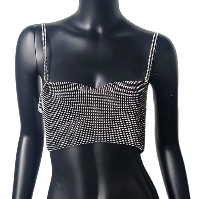 NEW 7 Colors Festival Queen Sequin Shiny Crystal Chain Luxury Tank Top Glitter Metal Mesh Halter Metallic Strap Crop Tops Festival  Party Sexy Women Tops