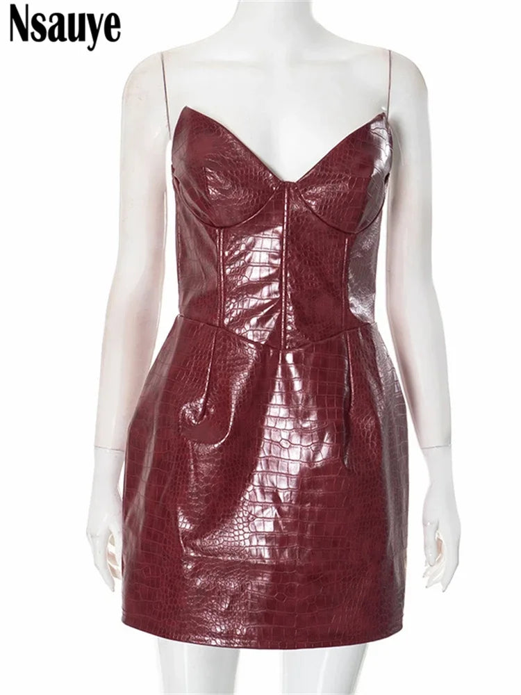 Brand New UK Size Brown/Claret/Green Elegant Sexy Italian Fashion Leather Strapless Women Dress Night Club Evening Party Short Bodycon High Waisted Dress