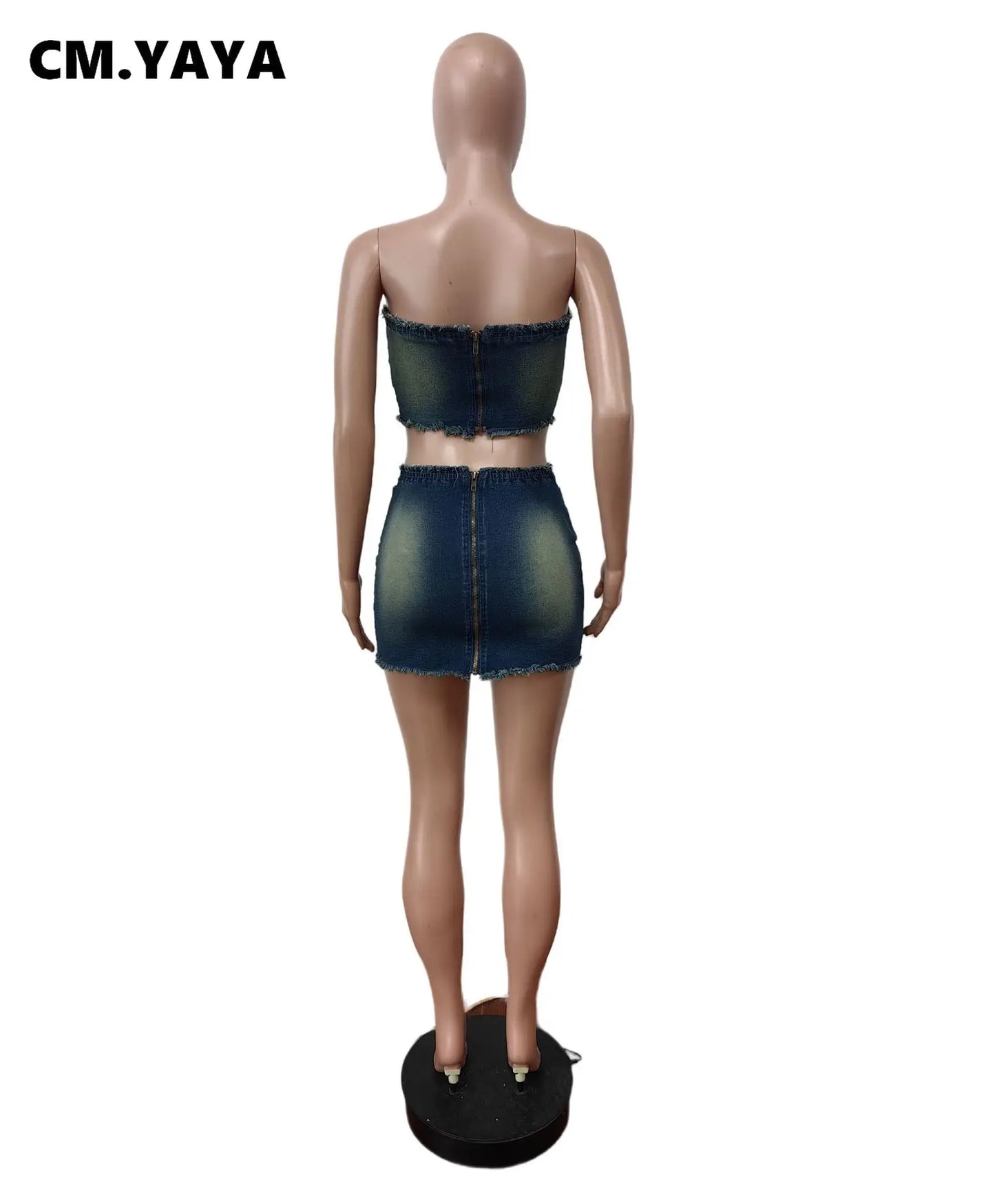 Fashion Denim Women's Set Strapless Crop Top and Mini Bodycon Midi Skirt Streetwear Chic Two 2 Piece Set Outfits