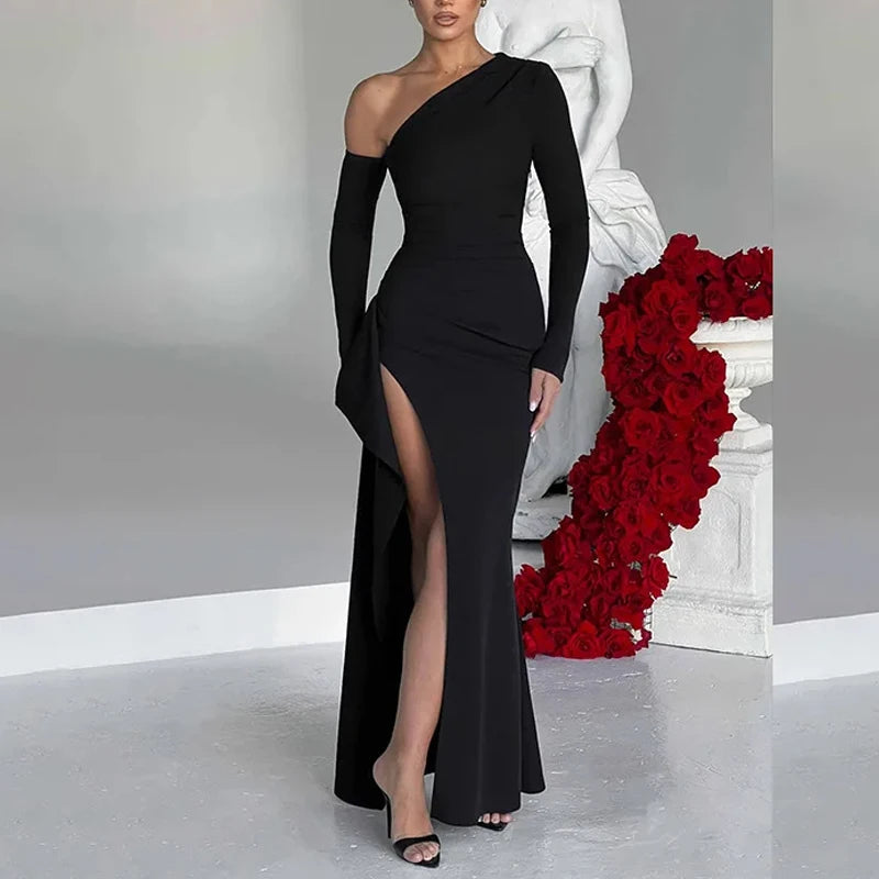 Italian Style Sexy Diagonal Shoulder Black Dress Elegant Long Sleeve Split Women Dress Spring Evening Party Night Clubwear Business Dinner Outfits Long Dress Girls Ladies Luxury Fashion Clothing Supplies