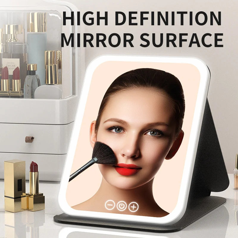 NEW Arrivals LED Dimmable Makeup Mirror 3 Colors Light Modes Adjust Brightness USB Charing Fold Mirror Tabletop Vanity Mirror for Travel Home Cosmetic Accessories