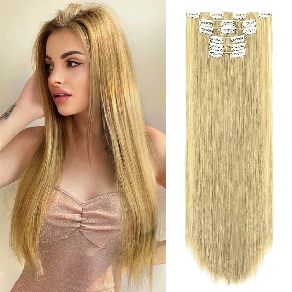 Black Hair Extensions 24"/60cm 140g 6pcs/set Women Long Straight Synthetic  Full Head Clip 16 Clips  Ombre  Heat Resistant Fiber