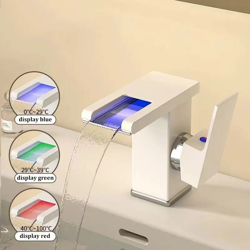 NEW Arrivals Luxury Basin Waterfall Style All-Copper LED Light Luminous Faucet Bathroom + 80cm Hot Cold Pipe Above Counter Basin Household Hot and Cold Water Faucet