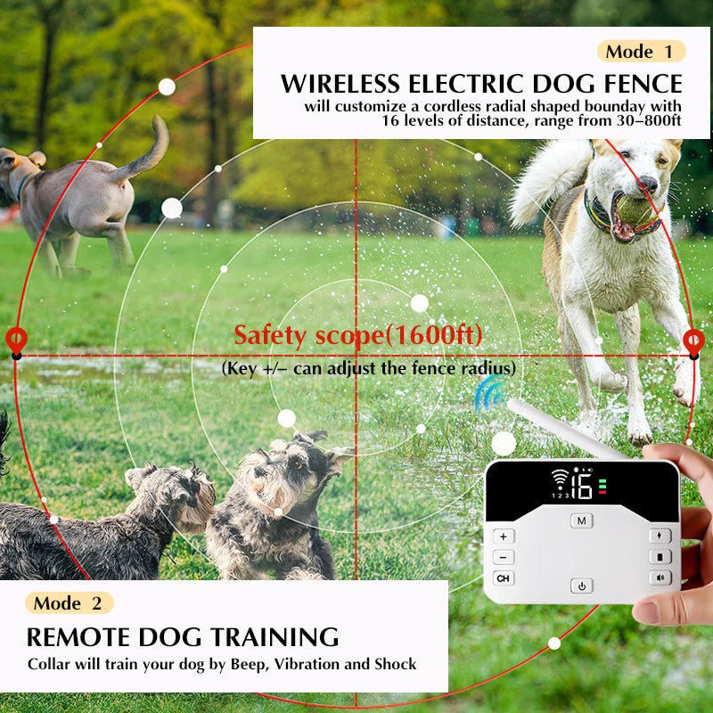 2 IN 1 Wireless Electronic Dog Fence System & Remote Training Collar Beep Shock Vibration and Pet Containment For All Size Puppy