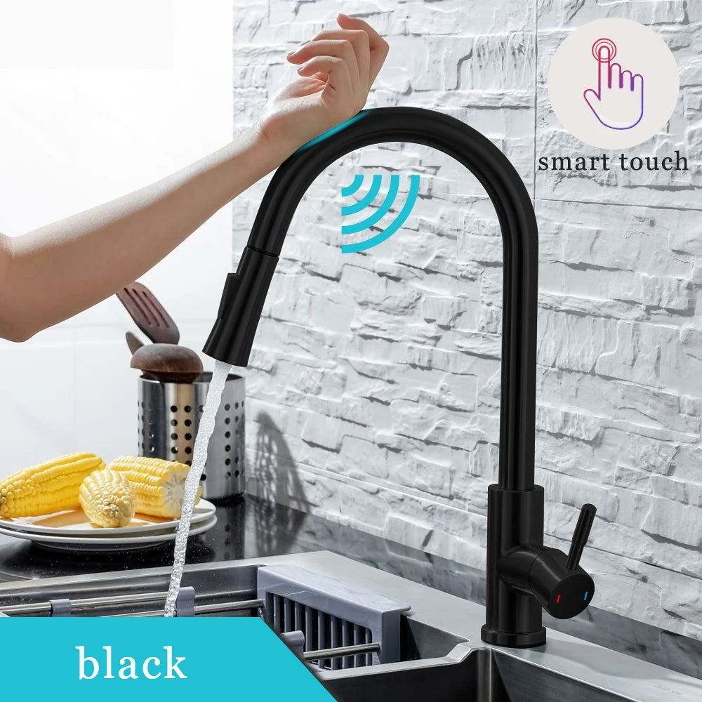 Just Arrived Kitchen Bathroom Motion Sensor Faucet Pull Out  Black/Brushed Nickle Color Large Area Sensor Stainless Steel Black Smart Induction Mixed Tap Touch Control Sink Tap Home Office Hotels