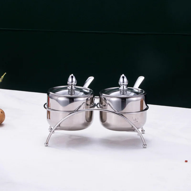 Home Villa Restaurants Hotels Household Luxury 304 Silver/Gold Color Stainless Steel Seasoning Tank Buffet Restaurant Hotel Seasoning Salt Storage Tank with Holder Rack Home Kitchenware Tools Sets