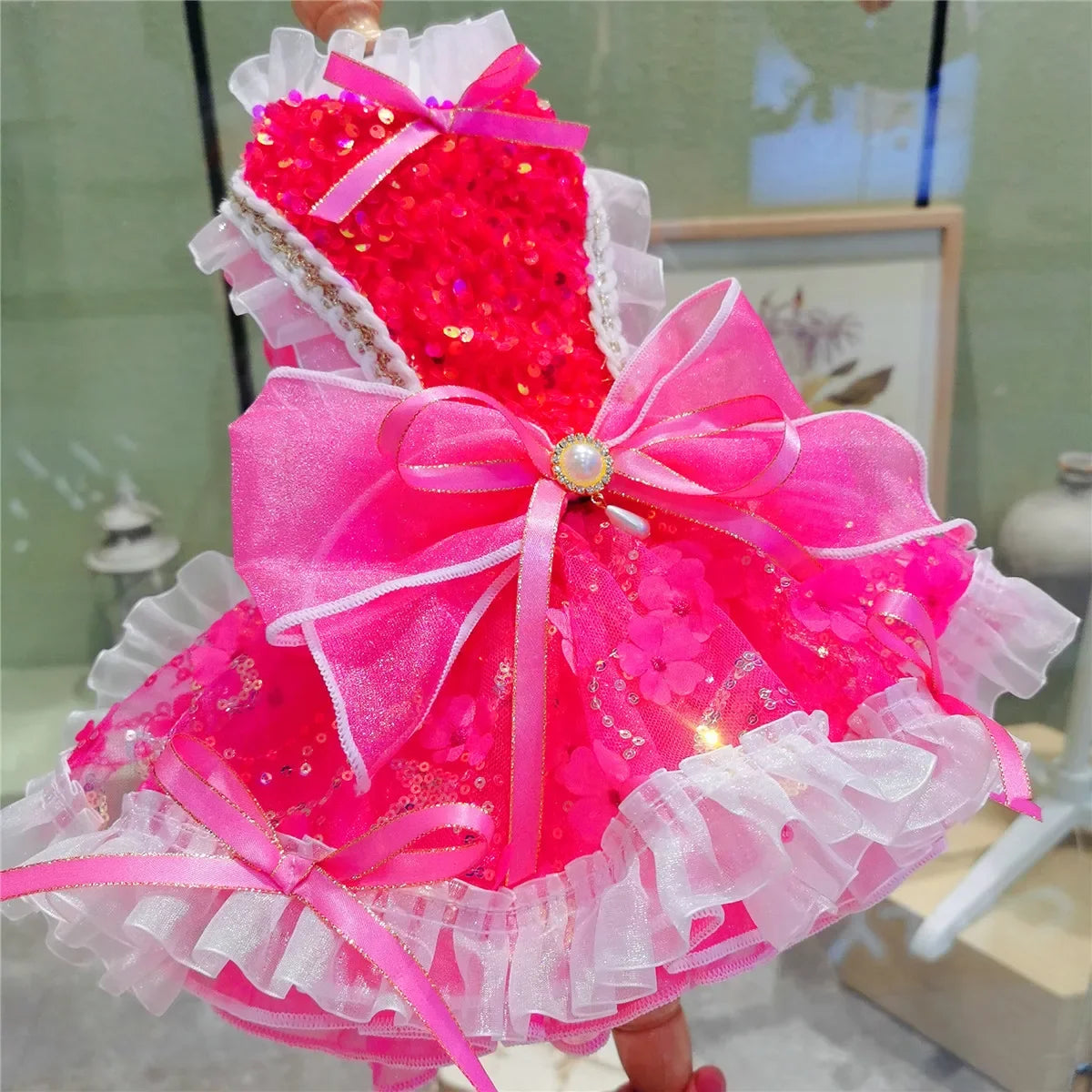 High-End Rose Red Pet Puppy Dog Clothes Luxury Handmade Sequin Flower Bow Party Dresses For Small Medium Dogs Chihuahua Poodle