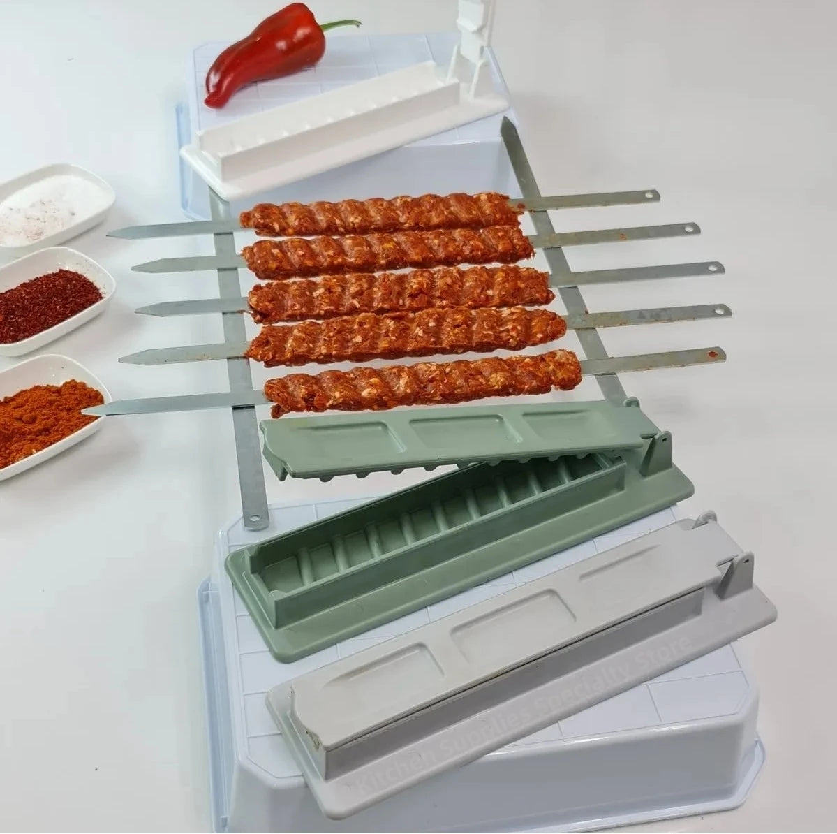 NEW Single Row Kebab Maker Barbeque Camping Grill Meat Skewer Machine Kebab Press Maker Reusable Plastic BQ Skewer Maker Kebab Preparation Cooking Tools