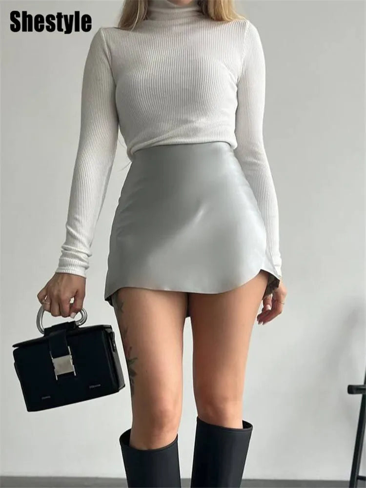 NEW Arrivals Silver/Brown/Black  Women Shorts High Waist Sexy Elegant PU  Leather Skirts Office Lady A-Line Asymmetrical Bottom Evening Party Night Clubwear Workwear Girls Sexy Apparel Accessories