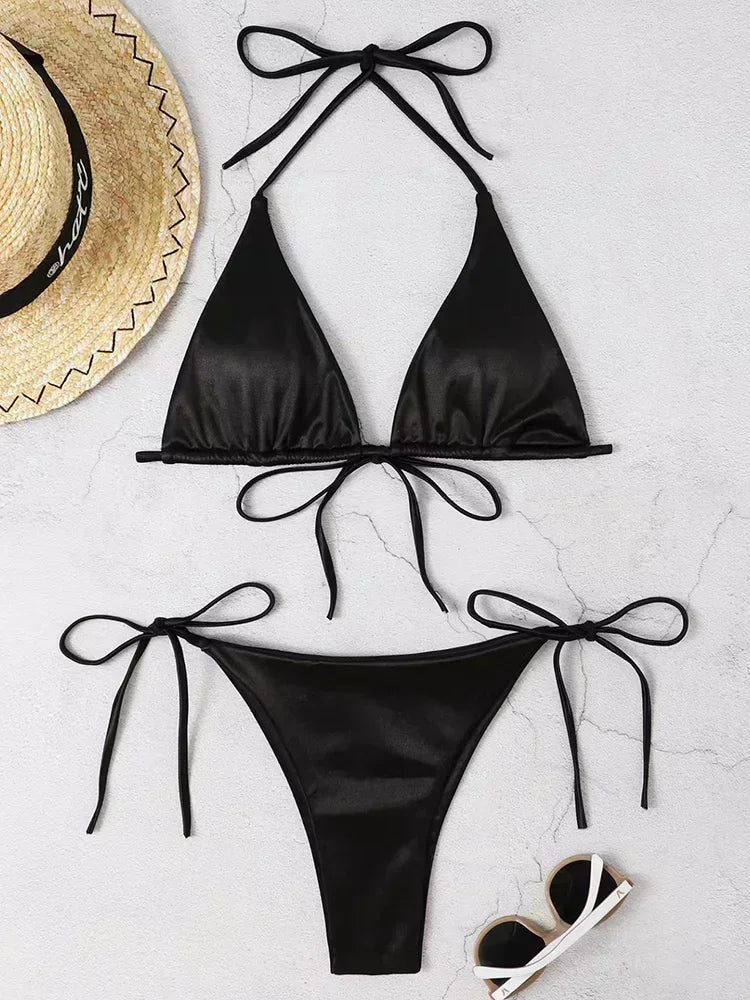 18 Colors UK Size Halter Brazilian Metallic Satin Bikini Women Swimwear Female Swimsuit Two-pieces Bikini Set High Cut Bathing Suit Swim Beachwear