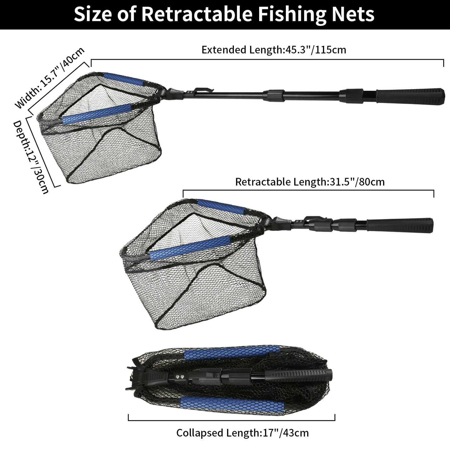Fishing Landing Net Aluminum Alloy Durable Telescoping Extend to 190cm/130cm/55cm Folding Mesh Safe Fish Catching Releasing Fishing Accessory Sets