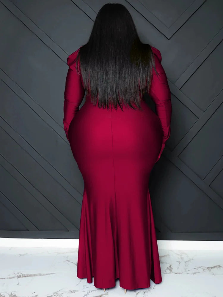 L-5XL Plus Size Black/Red/Blue/Green Evening Party Luxury Dresses Curvy BBW Women V-Neck Long Sleeve Full Length Bodycon Elegant Evening Maxi Dress