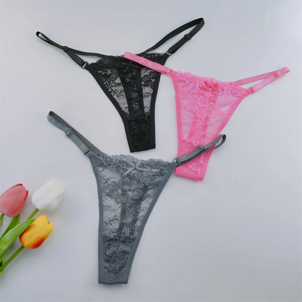 NEW Arrivals 3PCS Set Lace Thongs Women Lace Low Waist Panties Sexy Transparent Underwear Fashion Breathable G-String Ladies Intimates Lingerie