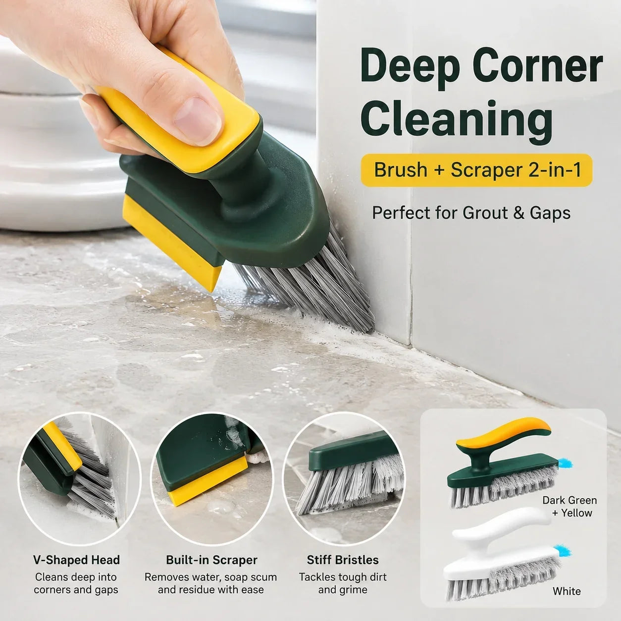 NEW 2 in 1 Hard Bristle Multi-Purpose Window Grooves Crevice Gap Scrubber Brush, Scraper for Tile Floors, Bathroom Corner Kitchen and Wall Gap Cleaning Tool