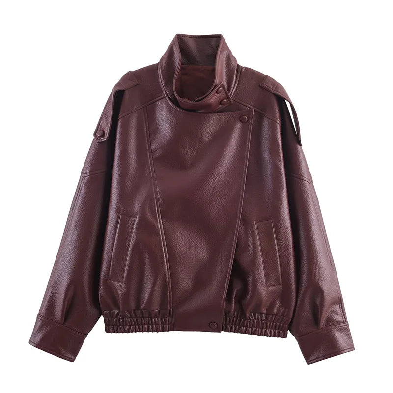 UK Size Black/Brown/Claret Color Women's Jacket  New Black Long Sleeve Pebble PU Leather Jacket Motorcycle Style Personality Fashion Women Winter Outwear Jacket