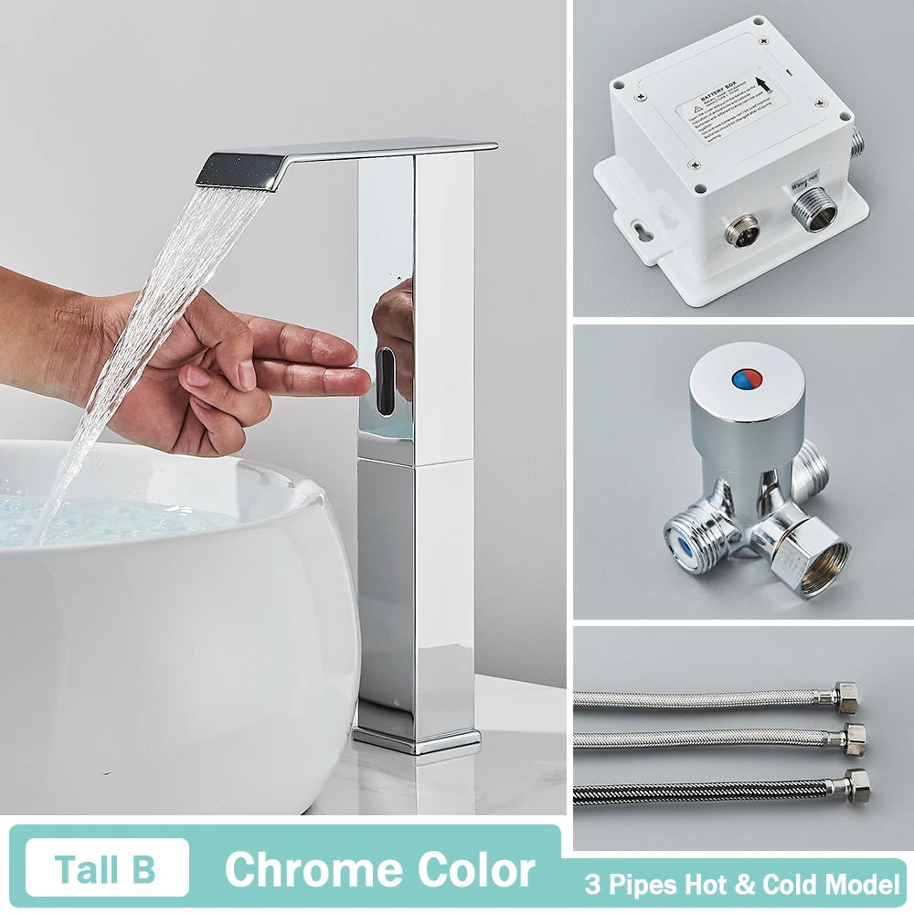NEW Silver/Gold/ Black Color Luxury Smart Motion Sensor Bathroom Basin Faucet Touchless Automatic Sense Mixer Tap Waterfall Hot Cold Water Washbasin Crane Home Bathroom Accessories