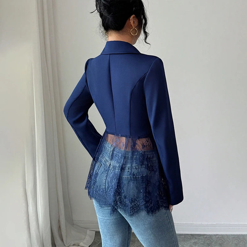 Just Arrived XS(6)- 2XL(18) UK Size 4 Colors Elegant Lace Patchwork Blazer Jacket Women Fashion Notched Collar Long Sleeve One-Button Perspective Sexy Versatile Suit Coat