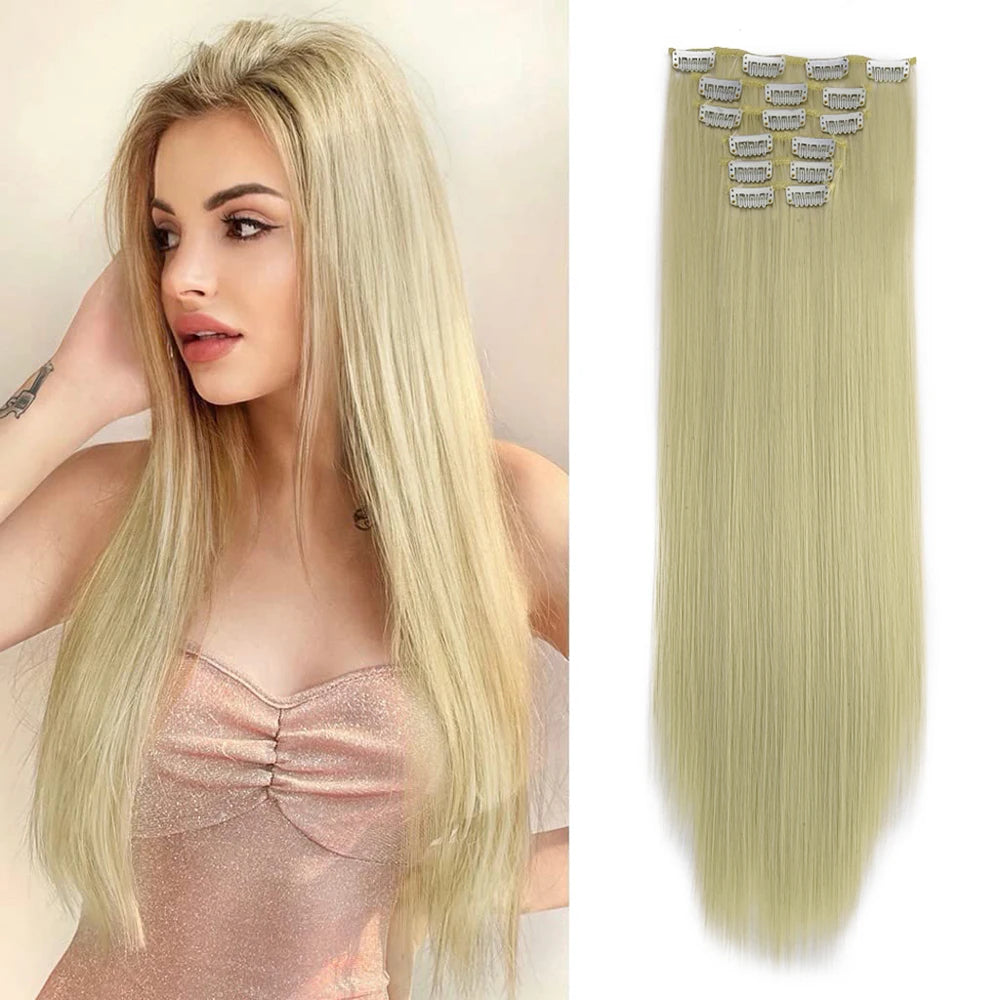 Black Hair Extensions 24"/60cm 140g 6pcs/set Women Long Straight Synthetic  Full Head Clip 16 Clips  Ombre  Heat Resistant Fiber