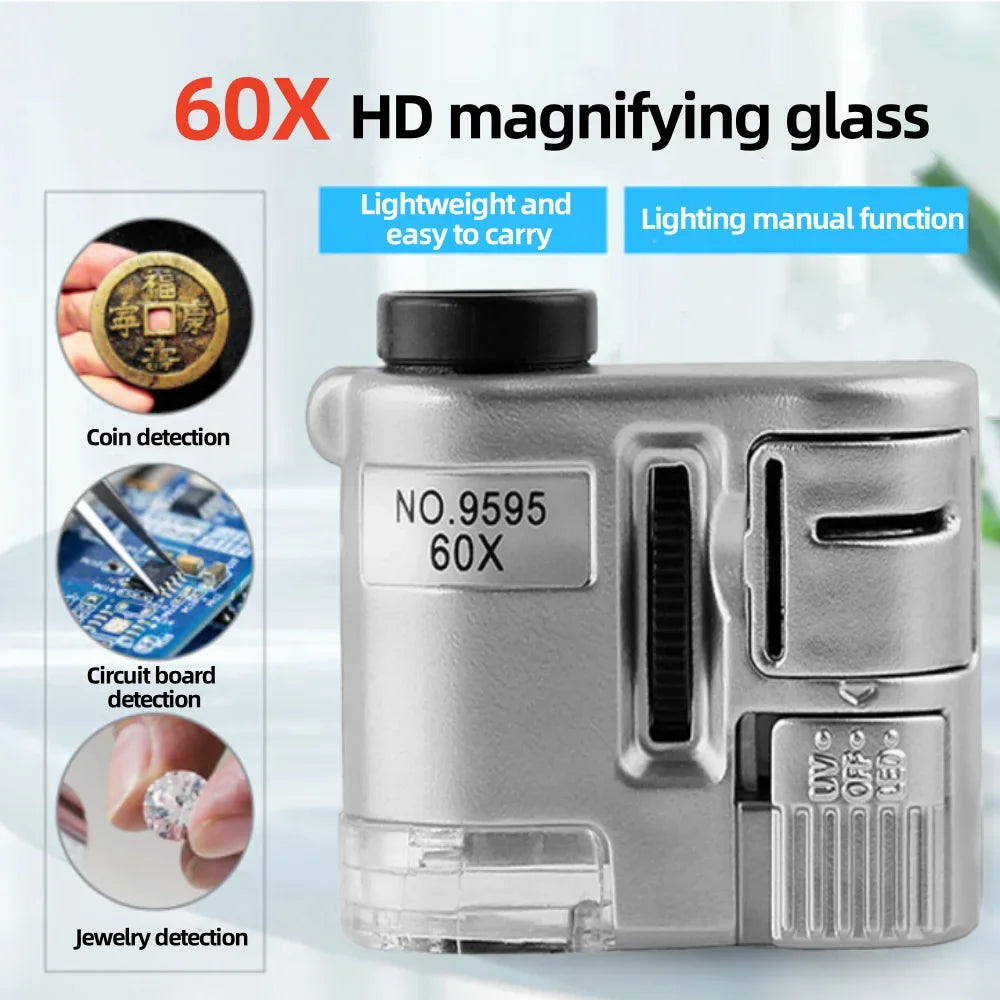 NEW 60X Handheld Magnifying Glass Mini Pocket UV Magnifier Portable Jeweler Microscope Loupe With LED Light Diamonds Jewelry Magnifier