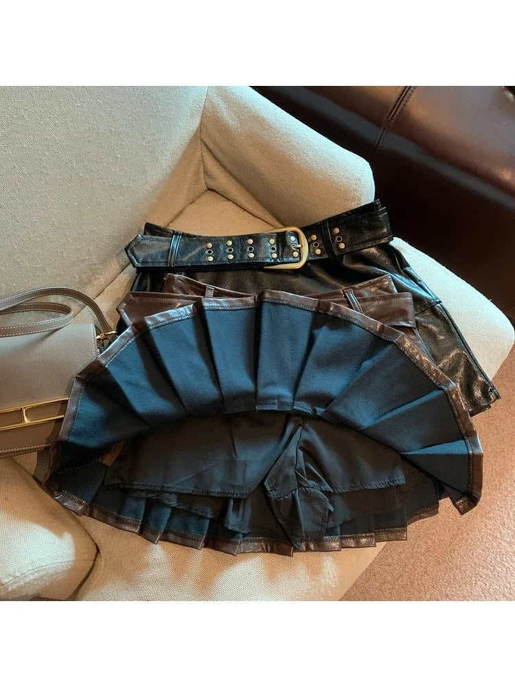 NEW Arrivals Women Black/Coffee Leather Skirt Harajuku Japanese Y2K Vintage Pleated Skirt 90s Aesthetic A-Line Mini Skirt Emo 2000s Punk Clothes Girls Sexy Casual Fashion Clothing Supplies