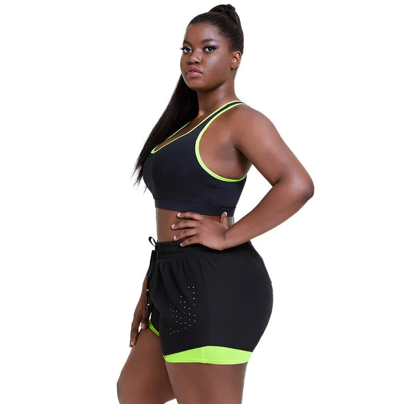 L - 4XL Women 2 Piece Bra Short Set Plus Size Yoga Gym Sets Girl Sportswear Fitness Sport Suit Gym Outfit Workout Clothes Activewear 4XL