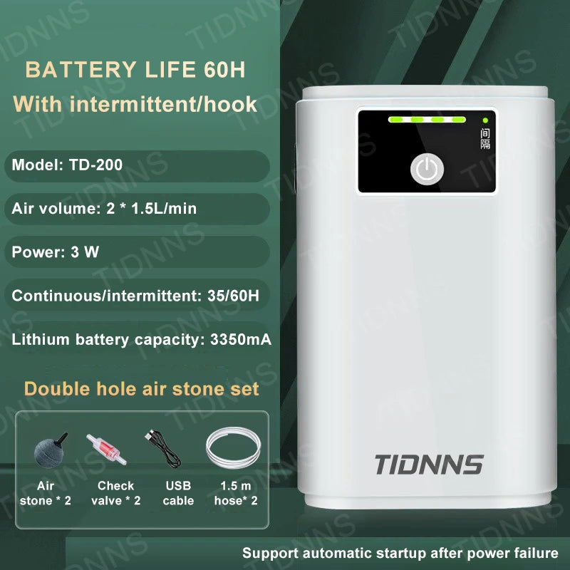 Aquarium Fish Tank Oxygen Pump 100/200/300 Stone & Plate Charging Dual-Purpose Air Pump USB Lithium Battery Household Portable Fishing Mute 6000mA Indoor Outdoor