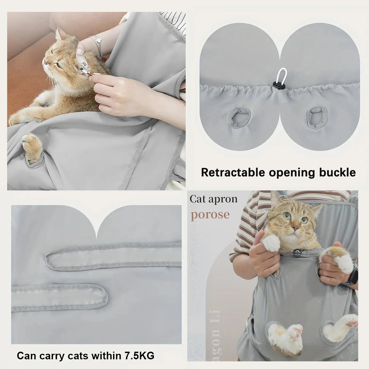 Summer Cat Grooming Apron Pet Care Garment Cotton Breathable Pet Carrier Pouch With Integrated Holding Pouch-4 Holding Holes