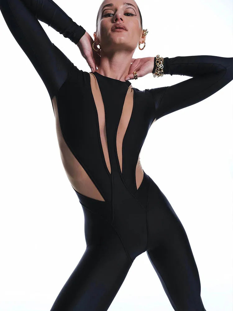 Sexy Mesh Patchwork Rompers Women Jumpsuits Fashion O Neck Long Sleeve Skinny Black Jumpsuits Female One Piece Overalls
