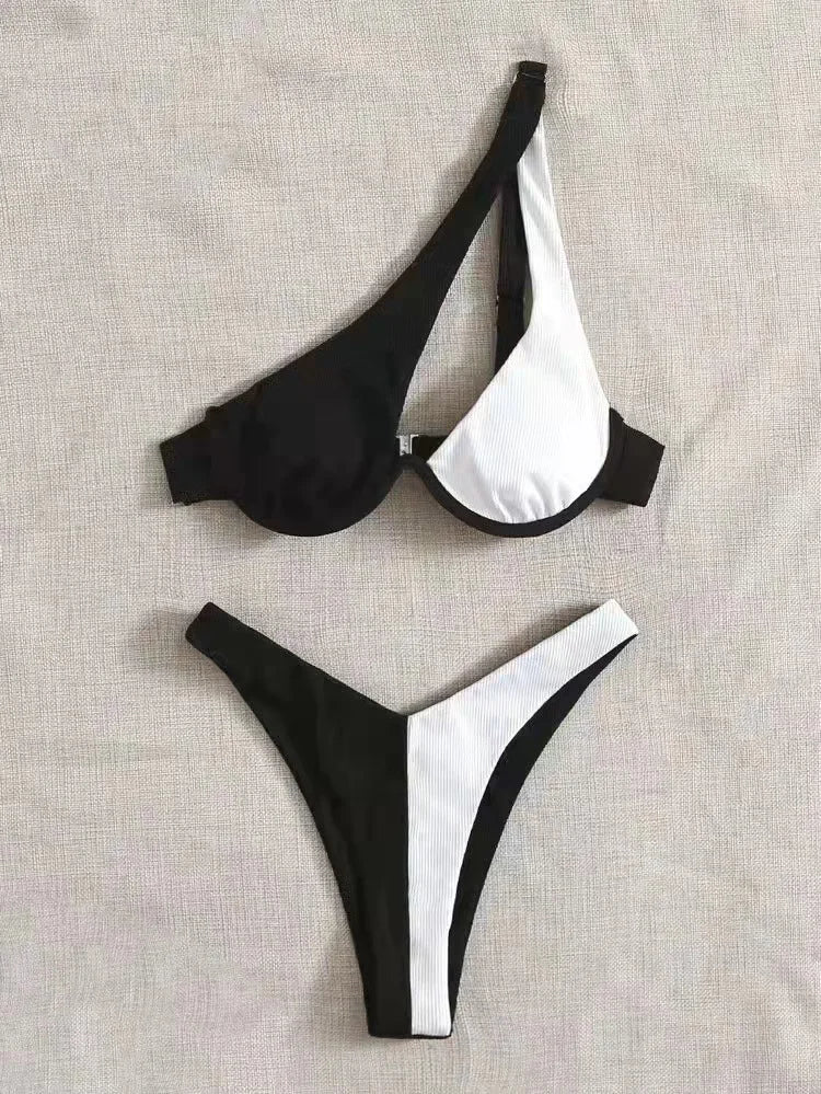 Luxury Two Pieces Solid Patchwork Underwire Push Up One Shoulder Cut Out Beachwear Swimwear Biqunis Brazilian Thong Bikini
