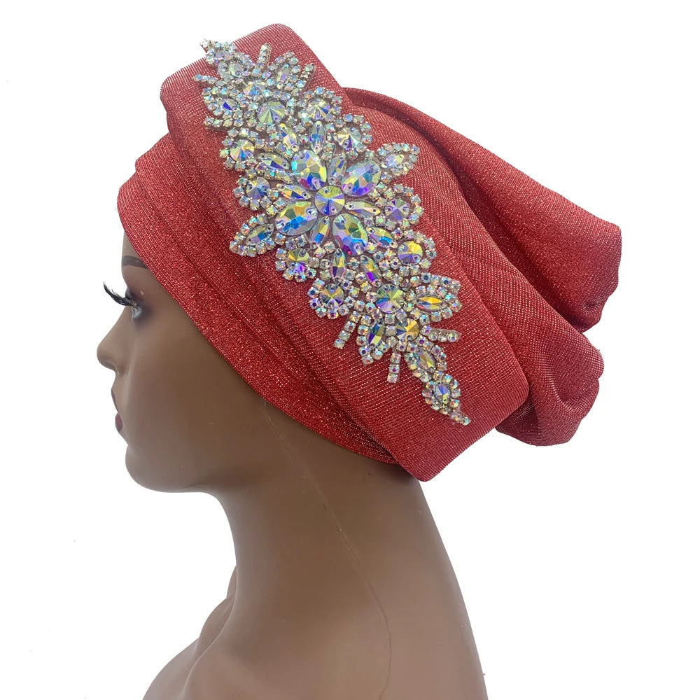 Luxury Rhinestone Turban Hat for Women Glitter African Wrap Head Headgear Nigeria Auto Gele Headtie Turbante Mujer
