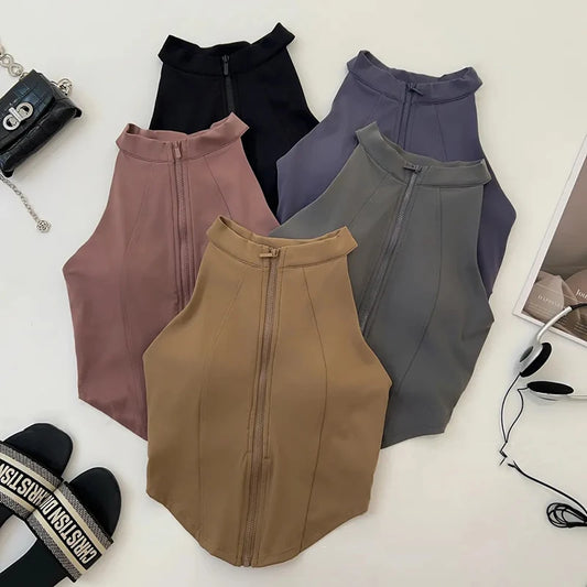NEW S-XL 4 Colors Slim Yoga Vest for Women Fashion Zipper Sleeveless with Chest Pad Running Fitness Clothing Bare Sensation Weight Loss Sportswear Outdoor Fitness Gym Female Sports Apparel