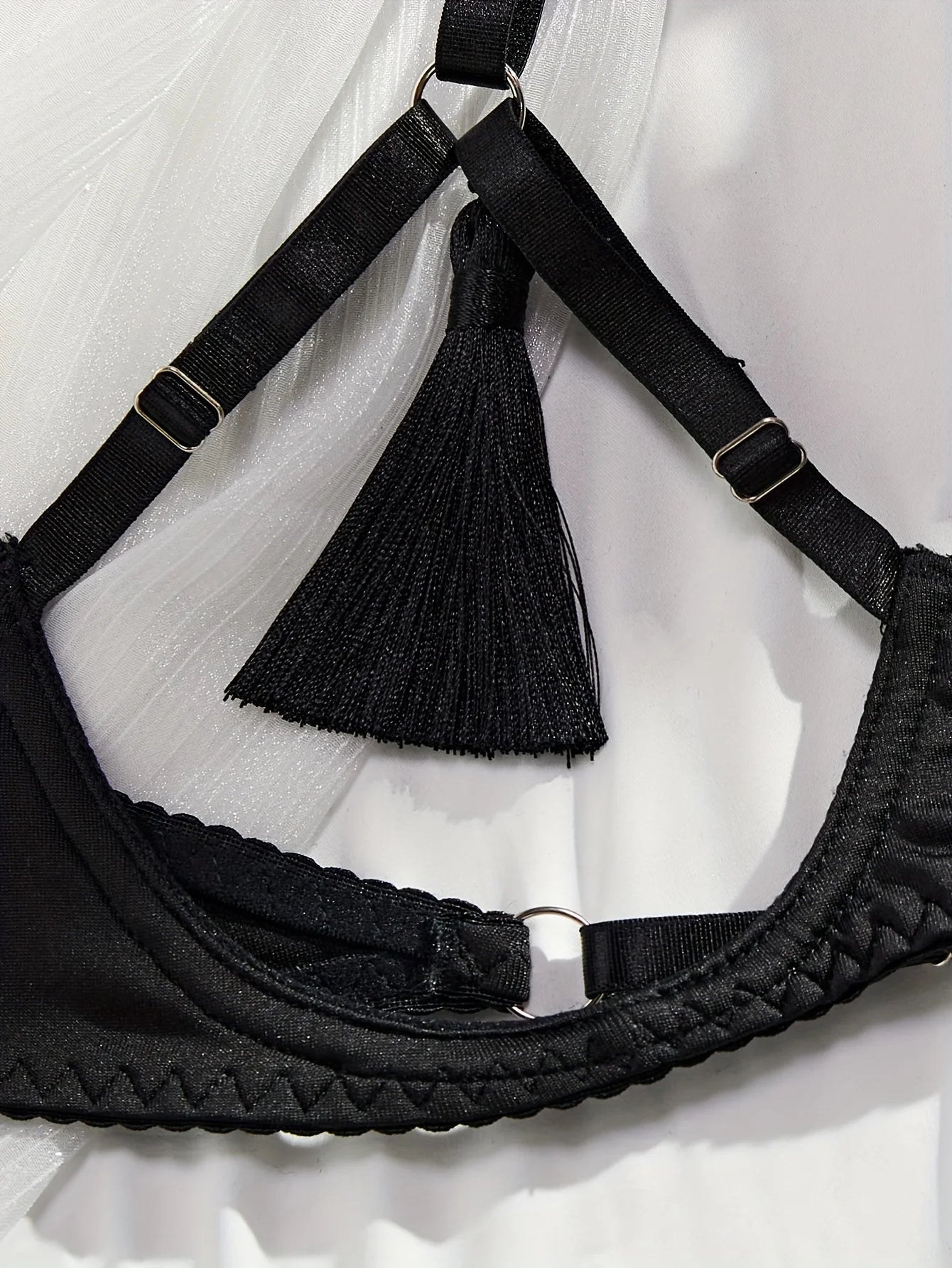 Erotic Tassel Lingerie Set, Halter Open Bust Bra & Cut Out Panties & Gloves & Garter Belt, Women's Sexy Lingerie & Underwear