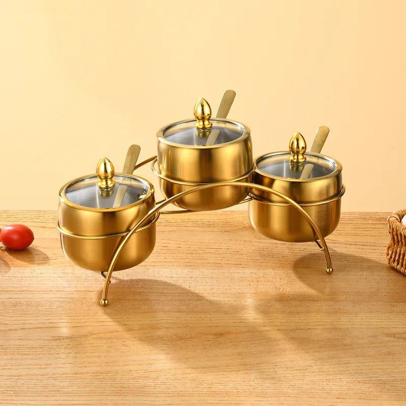 Home Villa Restaurants Hotels Household Luxury 304 Silver/Gold Color Stainless Steel Seasoning Tank Buffet Restaurant Hotel Seasoning Salt Storage Tank with Holder Rack Home Kitchenware Tools Sets