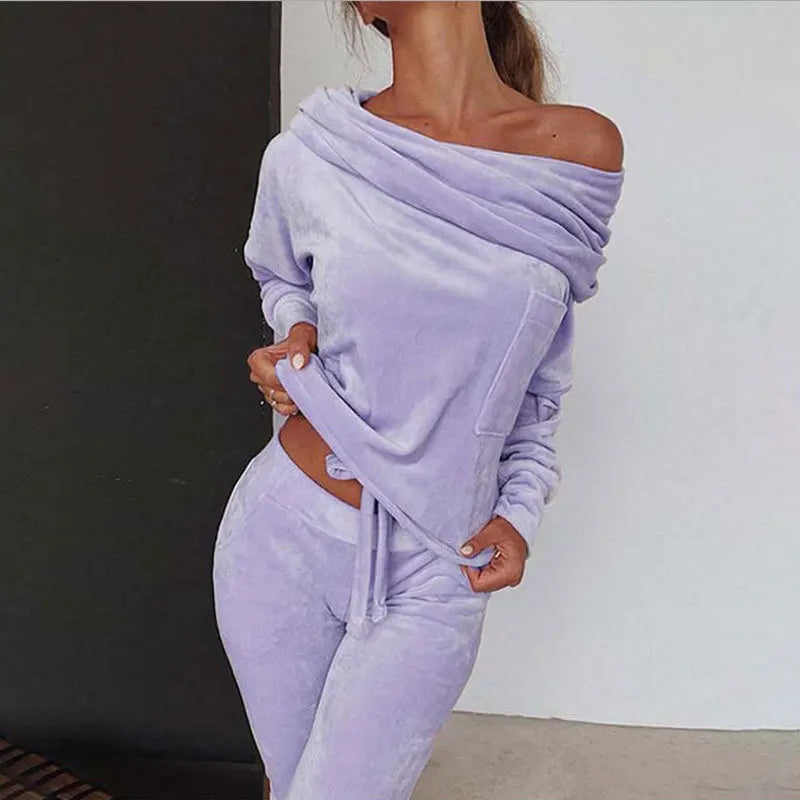 2 PCS Set S-3XL UK Plus Size 6 Colors Sexy Velvet Off Shoulder Slope Collar Casual Women Home Suit Fashion Folds Long Sleeved Bow Pullover Top Trousers Suit Outfit