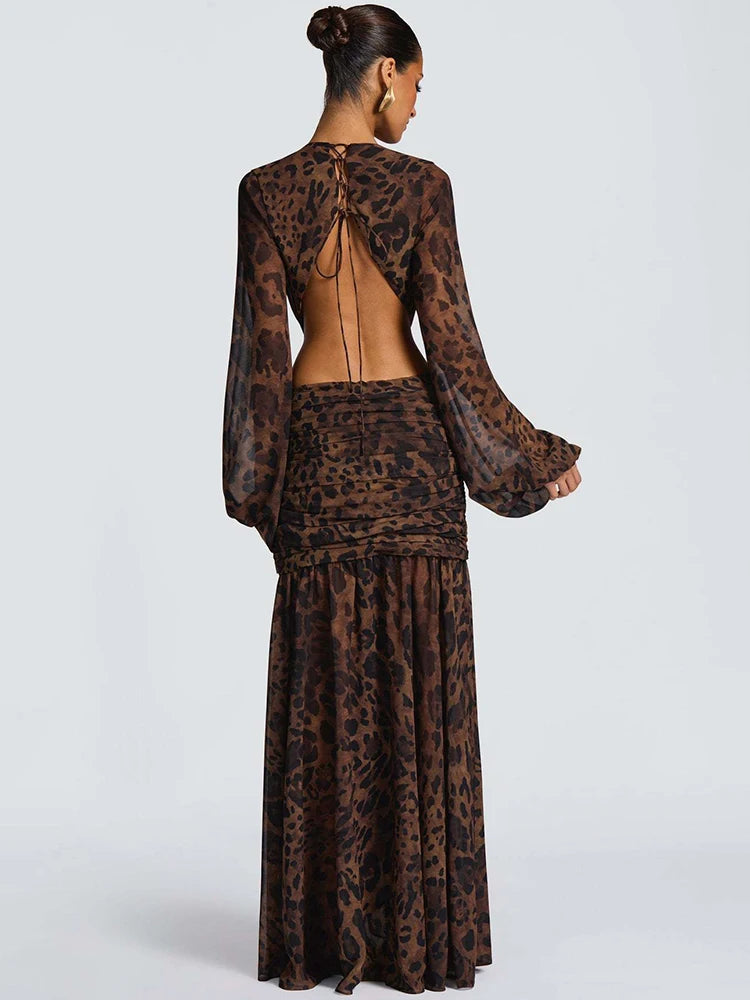 S-L UK Size 4 Colors Leopard  Long Sleeve Sexy Maxi Dress Women Fashion Hollow Out Backless Draped Ruched Bodycon Club Party Long Dress