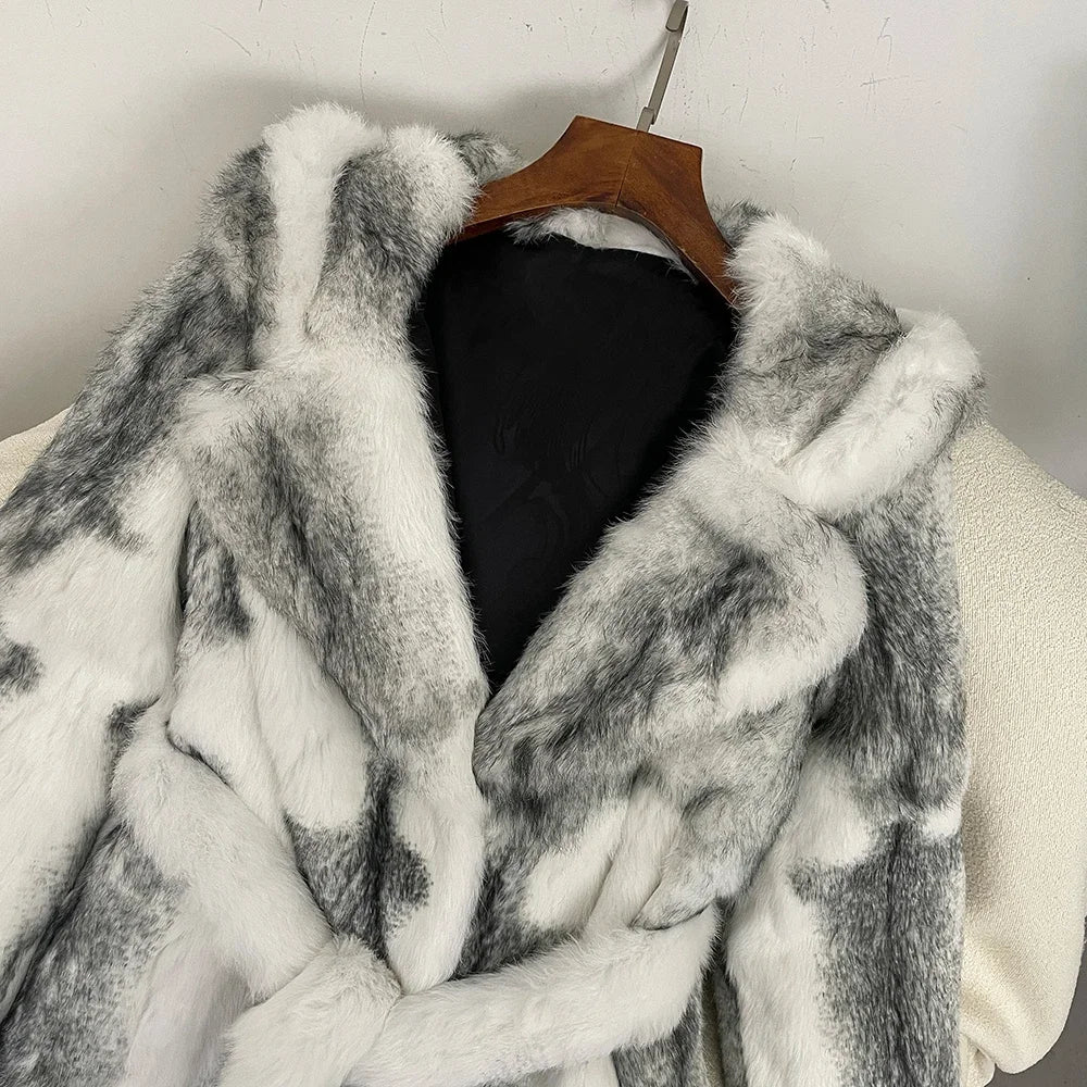 New S-3XL  Real Fox Fur Women Coat Autumn Winter Luxurious Fur Thickened Warm Hooded Real Rabbit Fur Coat Women Long Natural Fur Coat Winter Snow Streetwear Outerwear Coats Female Ladies Girls Luxury Fashion Clothing