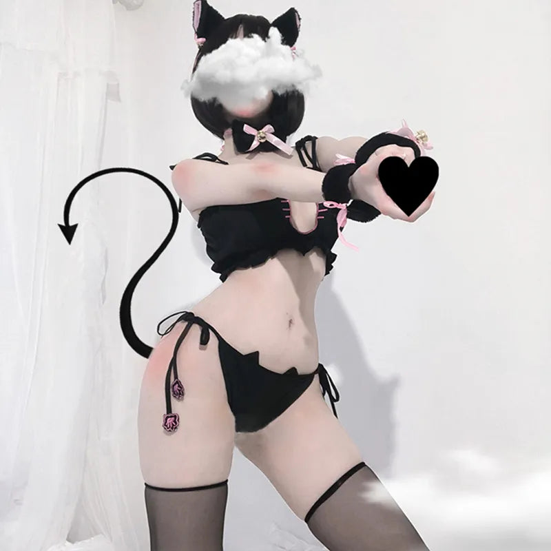 Japanese Anime Cat Cosplay Women Girls Sexy Lingerie Set Mini Ruffle Kawaii Bra Briefs Set Neko Maid Embroidery Ear Choker