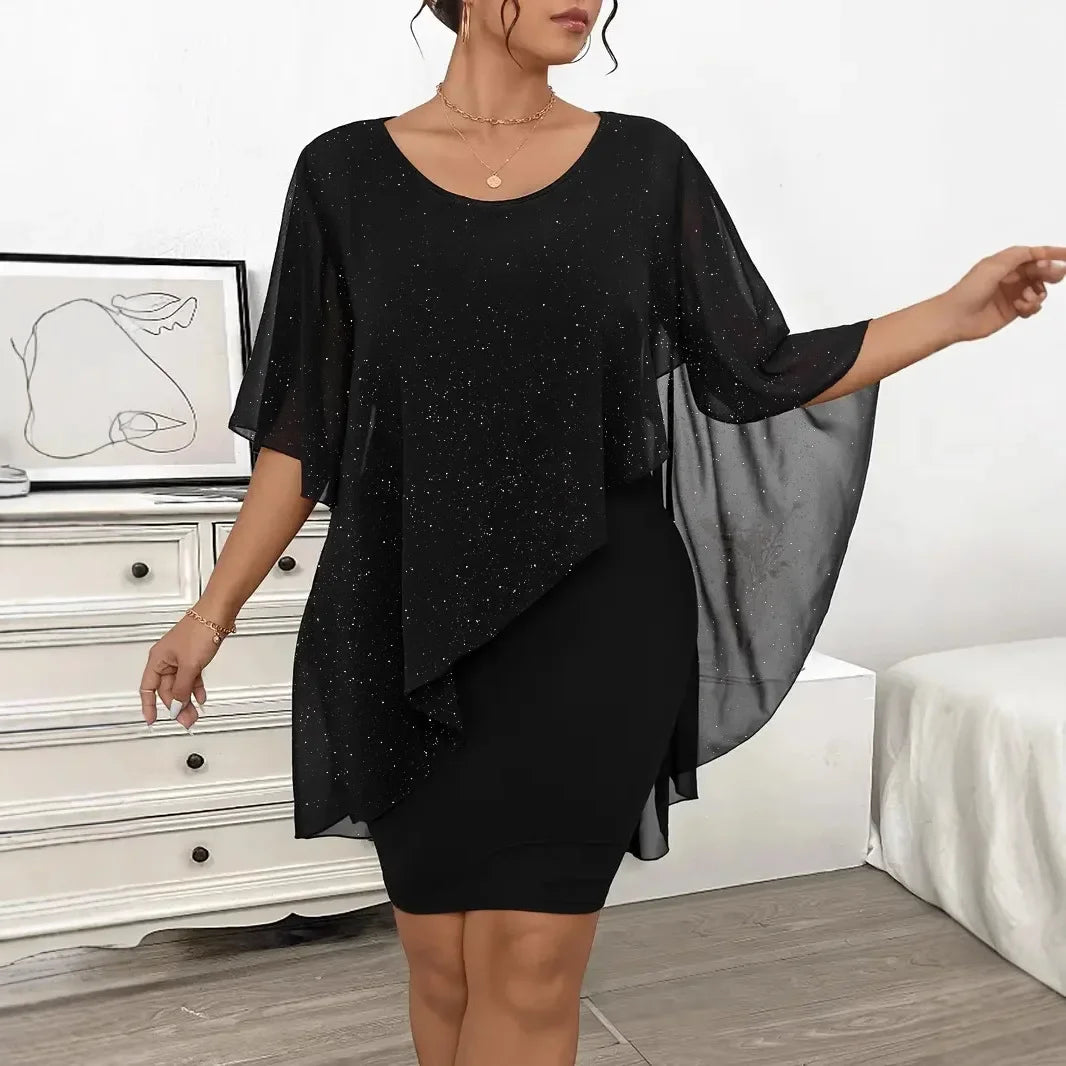 NEW Arrivals XL-4XL Plus Size Silver Heat Transfer Asymmetrical Chiffon Shoulder Wrap Black Dress Curvy Women's Fashion Cross-Border Large Code Formal Evening Dress