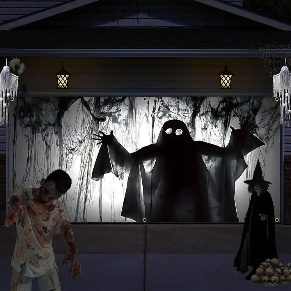 Happy Halloween Ghost Garage Door Banner - Large, Indoor and Outdoor Decor with Scary Murals, Perfect for Home and Party