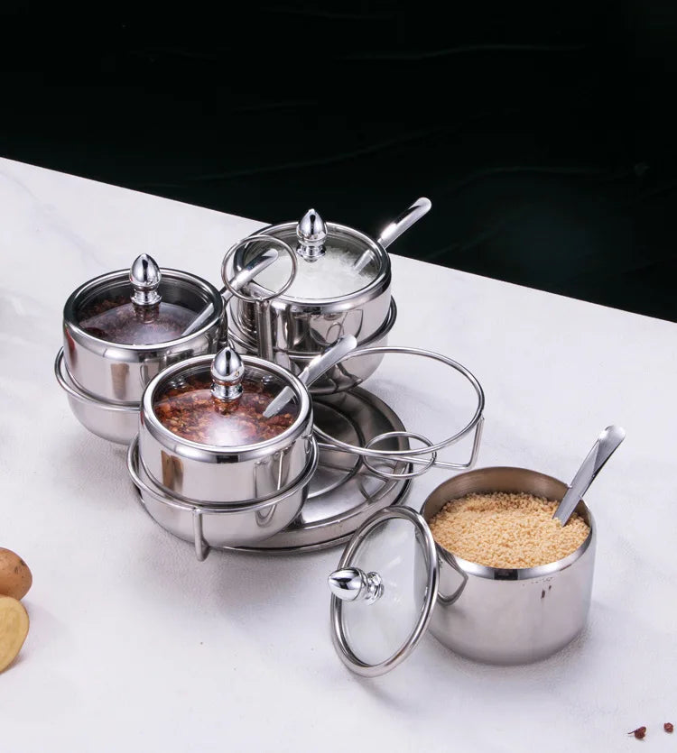 Home Villa Restaurants Hotels Household Luxury 304 Silver/Gold Color Stainless Steel Seasoning Tank Buffet Restaurant Hotel Seasoning Salt Storage Tank with Holder Rack Home Kitchenware Tools Sets