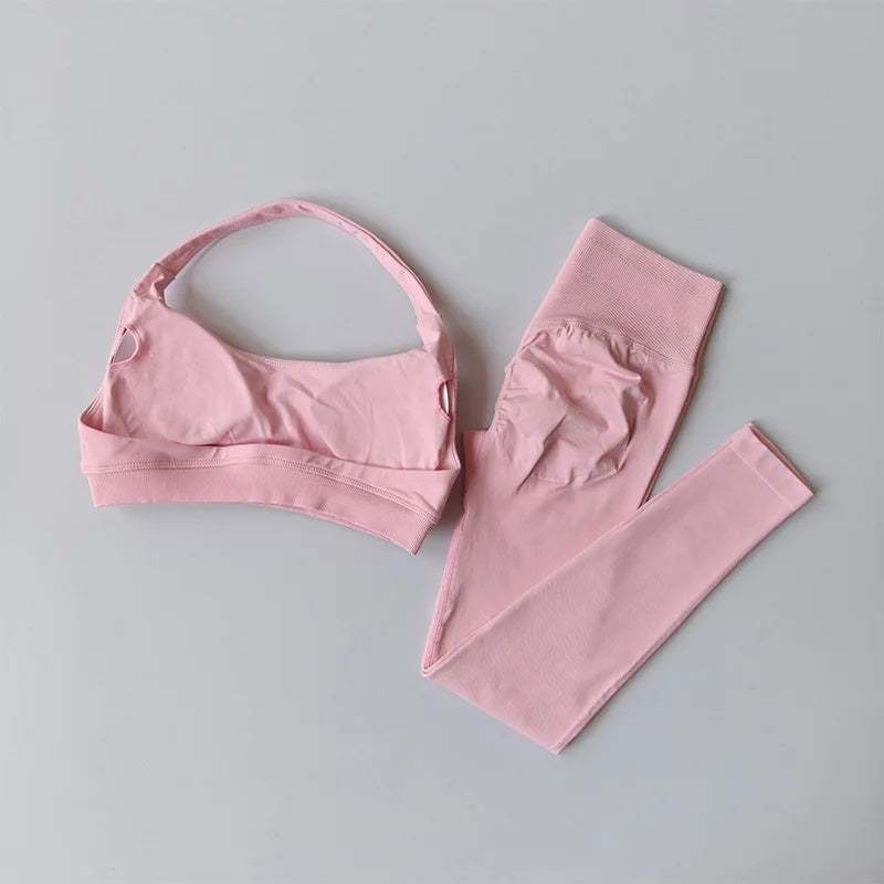 2 PCS Set 12 Colors Sports Suit Women's Running Seamless Yoga Thin Straps Beautiful Back Fitness Bras Gym High-waisted Peach Leggings Sets