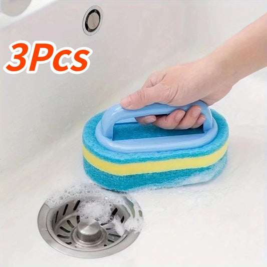 NEW 3PCS Set Sponge Cleaning Brush With Handle Bathtub Tile Scrub Brush Kitchen Bathroom Cleaning Sponge Brush Household Cleaning Supplies