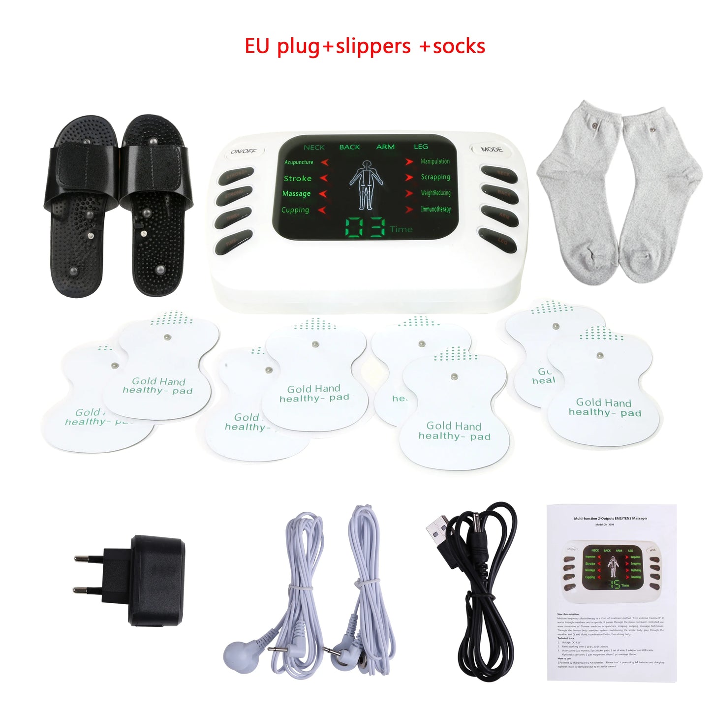 Full Set Electrical Muscle Stimulator + Slippers + Socks English Button Therapy Massage TENS Electronic Massager  Physiotherapy TENS Machine Health Care Supplies