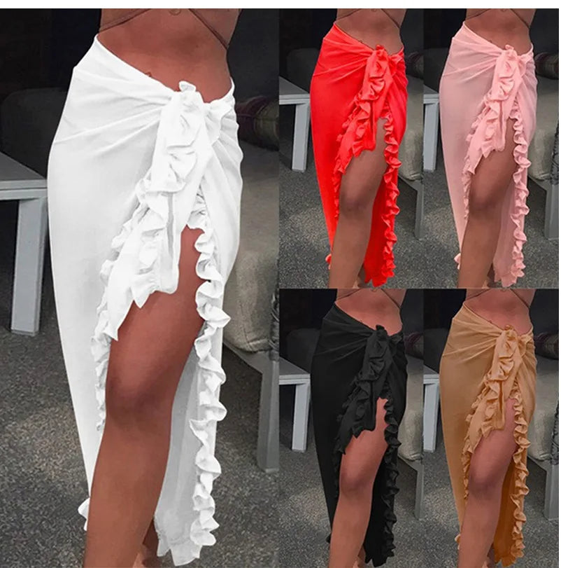 5 Colors Ruffle Sarong for Women Summer Solid Bikini Long Skirt Beach Dress Swimming Sun Protection Swim Cover Ups Monokini