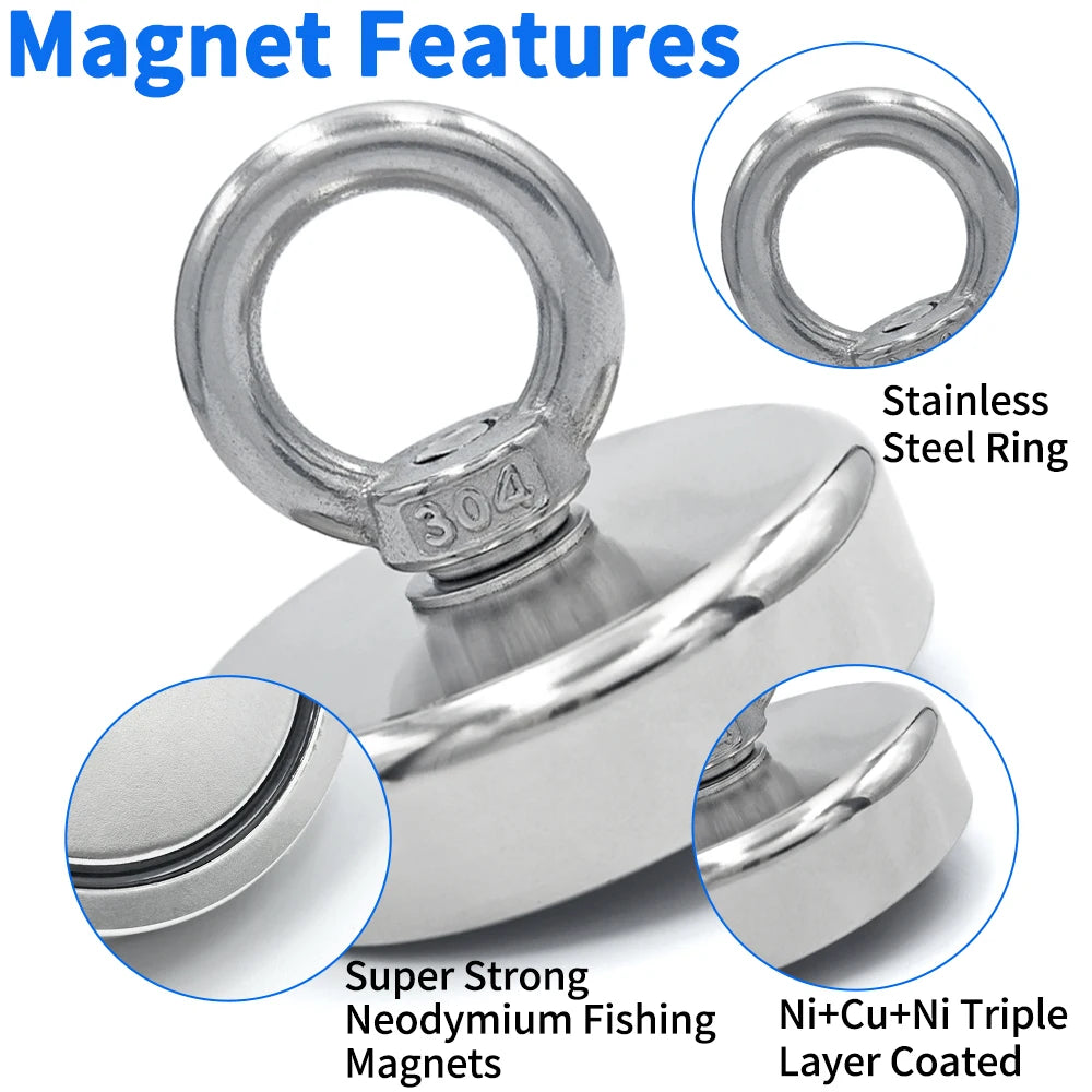 Super Strong Neodymium Fishing Magnet Hooks N52 Heavy Duty Magnet with Countersunk Hole Eyebolt 16-90mm Salvage Searcher Magnets for Lake River Boat Fishing Accessory Sets